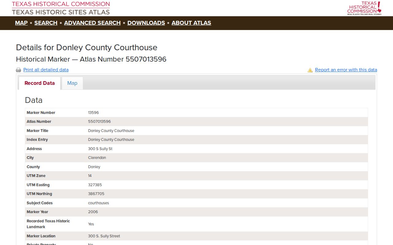 Historic Sites Atlas view of the Donley County criminal records courthouse